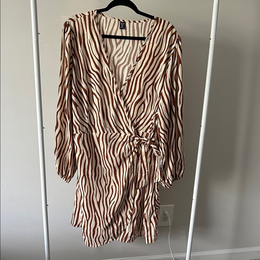 SHEIN Brown and Ivory Zebra Print Long Sleeve Dress